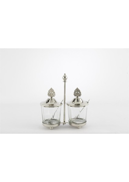 Gümüş Standlı Kapaklı 2li Cam Baharatlık 17X7X19CM