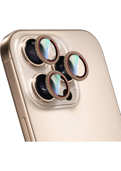 iPhone 16 Pro Karbon Fiber Serisi Anti Reflective Kamera Lens Koruyucu Gold-Kırmızı