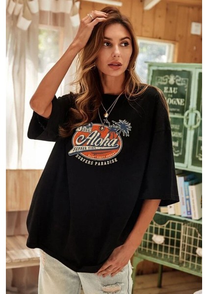 Antrasit Oversize Aloha Baskılı Kadın T-Shirt
