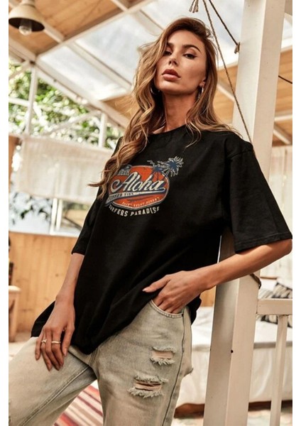 Antrasit Oversize Aloha Baskılı Kadın T-Shirt modelleri