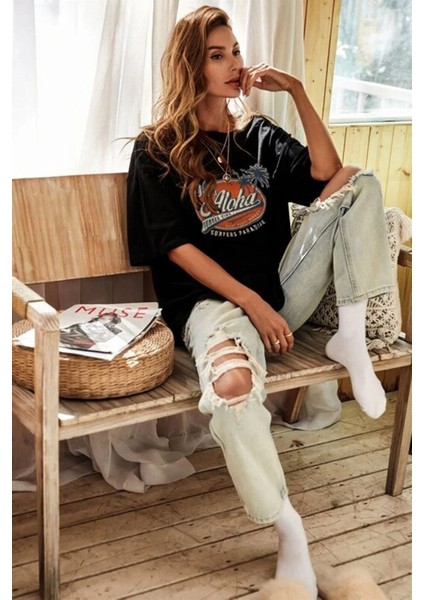Antrasit Oversize Aloha Baskılı Kadın T-Shirt fırsatları