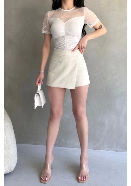 Tül Detaylı Önü Büzgülü Crep Bluz modelleri