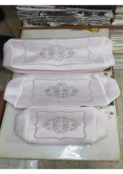 Kadife Gri Işlemeli 3'lü Pembe Hurç Seti, Şık ve Kullanışlı Dekoratif Ürün