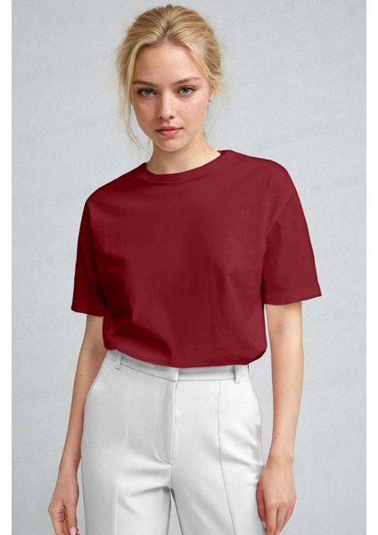 Kadın Bordo %100 Pamuk Nefes Alan Bisiklet Yaka Regular Fit Normal Kesim Baskisiz Basic T-Shirt