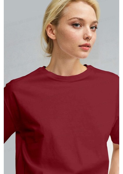 Kadın Bordo %100 Pamuk Nefes Alan Bisiklet Yaka Regular Fit Normal Kesim Baskisiz Basic T-Shirt fiyatları