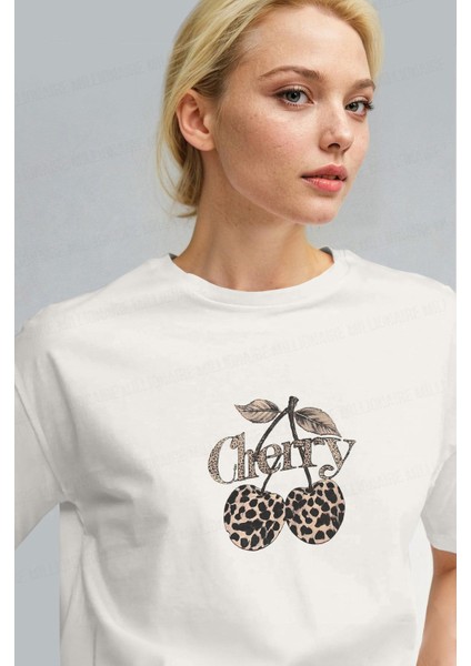 Kadın Ekru Beyaz Kiraz Leopar Cherry Baskı Regular Fit Normal Kalıp T-Shirt fiyatları