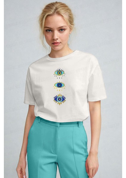 Kadın Ekru Beyaz Regular Nazar Göz Baskı Fit Normal Kalıp T-Shirt