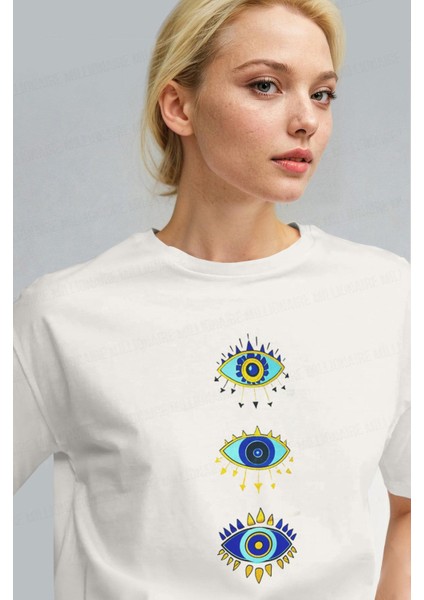 Kadın Ekru Beyaz Regular Nazar Göz Baskı Fit Normal Kalıp T-Shirt fiyatları