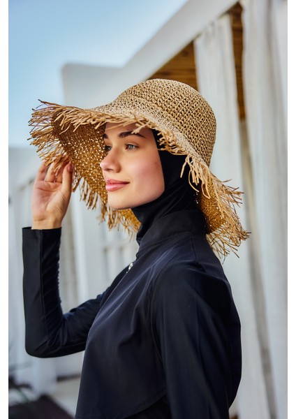 Saçak Püskül Detaylı El Örgü Hasır Şapka RŞ-2097 CAMEL01