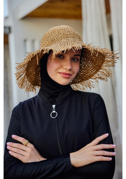 Saçak Püskül Detaylı El Örgü Hasır Şapka RŞ-2097 CAMEL01 fiyatları