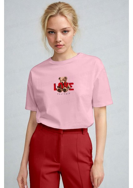 Kadın Pembe Love Ayıcık Teddy Bear Baskı Regular Fit Normal Kalıp T-Shirt