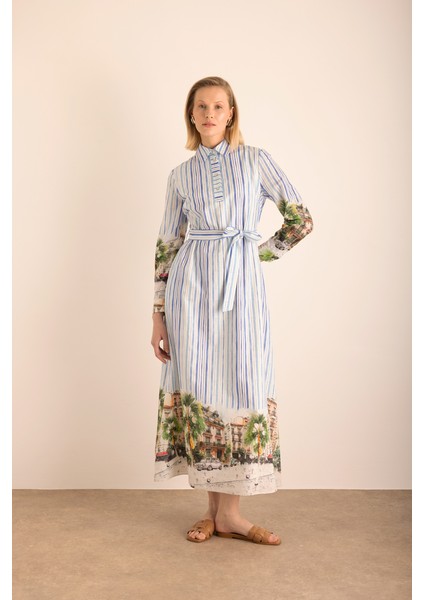 Desenli , Çizgili Cotton Elbise