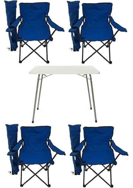 60X80 Katlanır Masa ve 4 Kamp Sandalyesi, Piknik ve Plaj Için Mavi Set