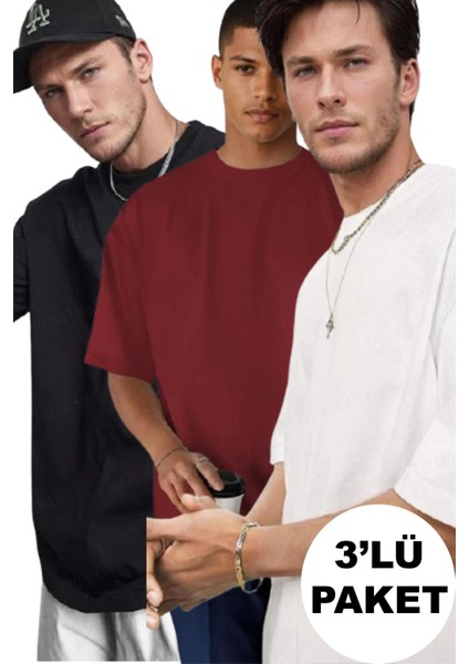 Erkek 3'lü Siyah, Beyaz ve Bordo Basic Düz Baskısız Oversize Salas T-Shirt