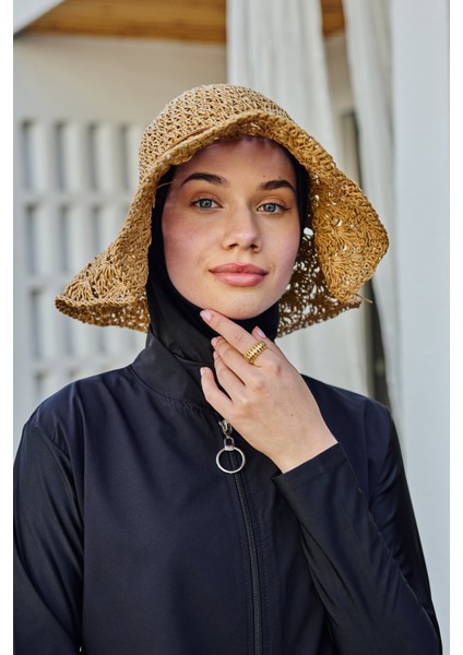 Kurdele Detay El Örgüsü Hasır Şapka RŞ-2102 CAMEL01
