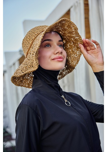 Kurdele Detay El Örgüsü Hasır Şapka RŞ-2102 CAMEL01
