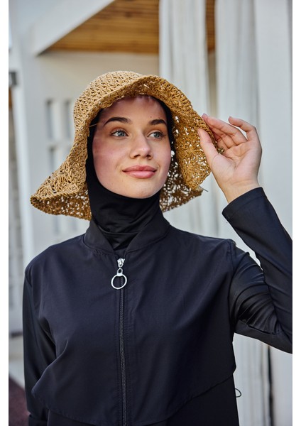 Kurdele Detay El Örgüsü Hasır Şapka RŞ-2102 CAMEL01