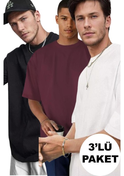 Erkek 3'lü Siyah, Beyaz ve Gül Kurusu Basic Düz Baskısız Oversize Salas T-Shirt