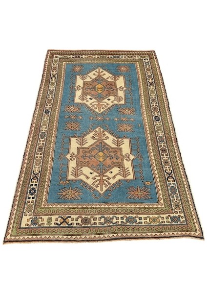 El Dokuma Vintage Milas Halısı 160X255 Turkuaz Mavi Eskitme Halı