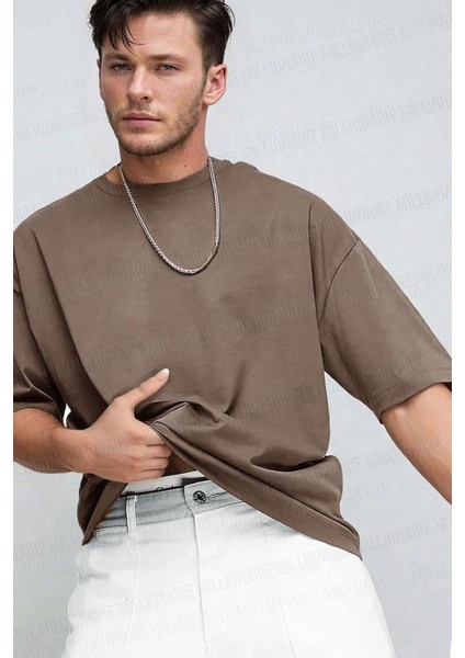 Erkek Mocha Kahverengi Basic Düz Baskısız Oversize Salas T-Shirt