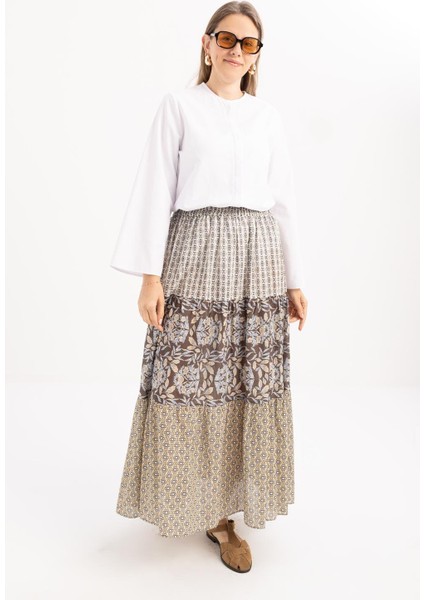 Kahve-Sarı-Beli Lastikli Fırfırlı Etek