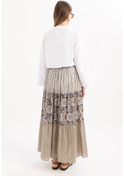 Kahve-Sarı-Beli Lastikli Fırfırlı Etek fırsatları