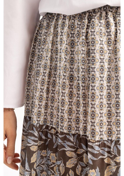 Kahve-Sarı-Beli Lastikli Fırfırlı Etek indirimleri