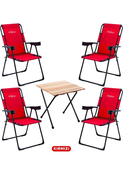 Kırmızı Katlanabilir Kamp Sandalyesi ve Masa Seti, 130 kg Taşıma Kapasitesi