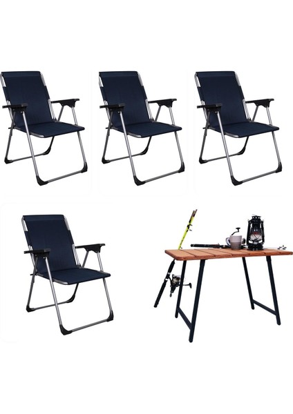 Şık 4'lü Katlanabilir Sandalye ve Masa Seti, Lacivert Renkli, Kullanışlı ve Modern Tasarım