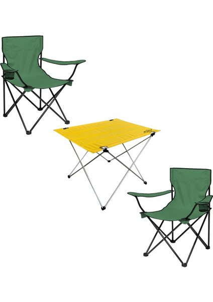 2'li Katlanır Kamp Sandalyesi ve Masa Seti, Haki/sarı, Pratik ve Şık Kullanım