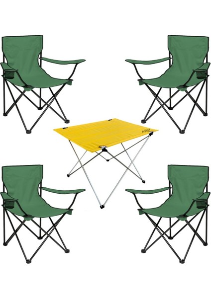 4'lü Katlanır Kamp Sandalyesi ve Masa Seti, Haki/sarı, Renkli, Taşınabilir, Rahat
