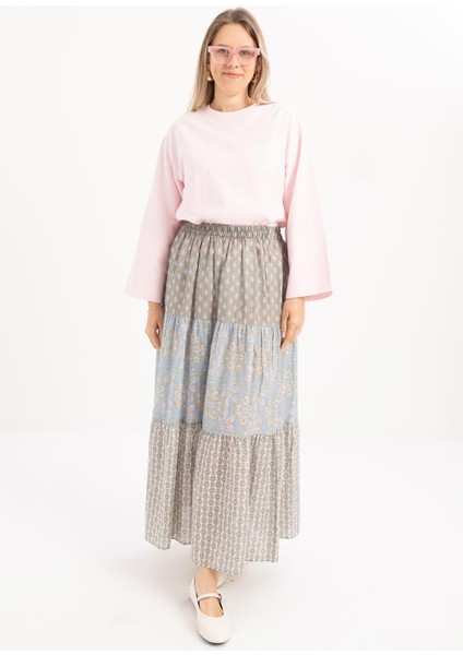 Pembe-Mavi-Beli Lastikli Fırfırlı Etek