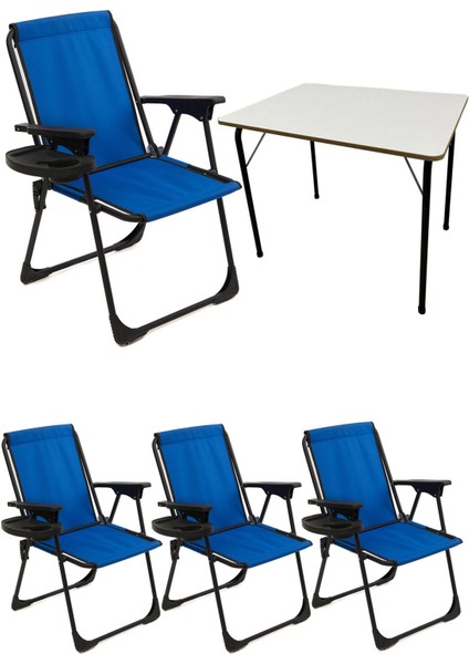 4'lü Katlanır Piknik Sandalyesi ve Mavi Mdf Masa Seti