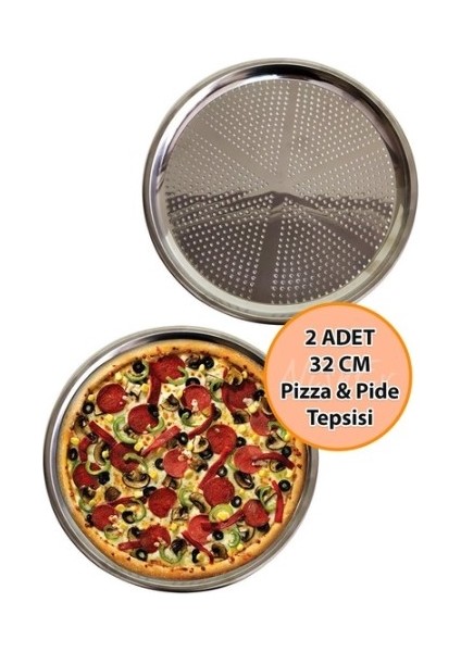 2 Adet Paslanmaz Çelik Delikli Pizza Tepsisi Lahmacun Pide Tepsisi Gümüş 32cm