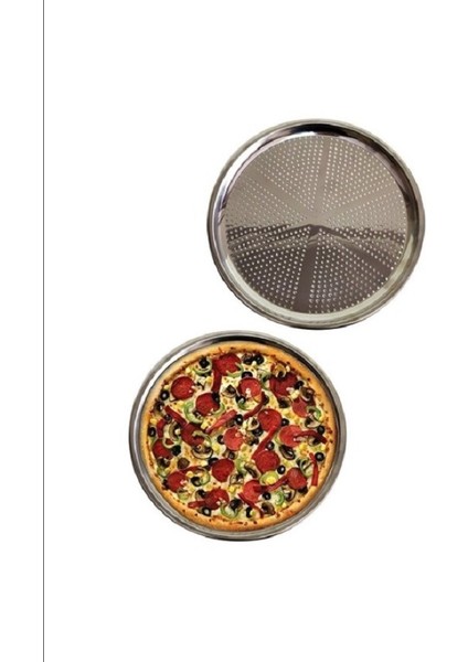 2 Adet Paslanmaz Çelik Delikli Pizza Tepsisi Lahmacun Pide Tepsisi Gümüş 32cm
