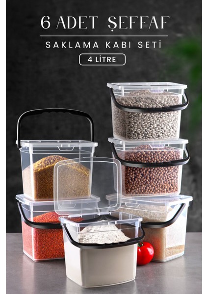 6'lı Kare Saklama Kabı, 4 Litre, Şeffaf, Kulplu, Çok Amaçlı, Dayanıklı Set