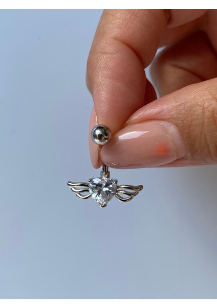 Çelik Göbek Piercing Melek Kanatlı Zirkon Taşlı Kalpli Model