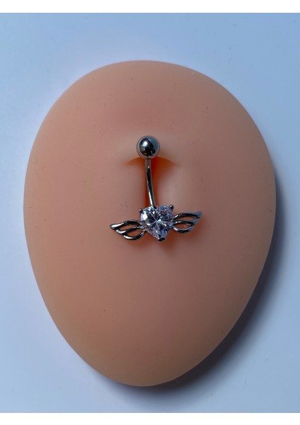 Çelik Göbek Piercing Melek Kanatlı Zirkon Taşlı Kalpli Model