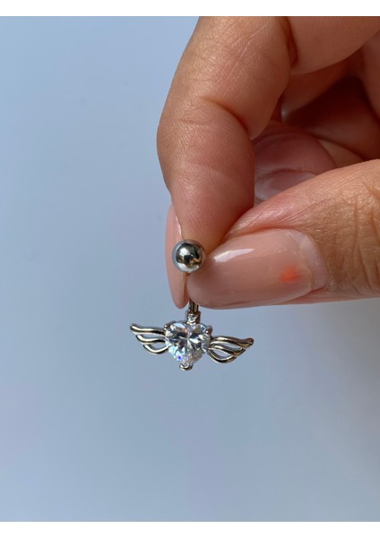 Çelik Göbek Piercing Melek Kanatlı Zirkon Taşlı Kalpli Model