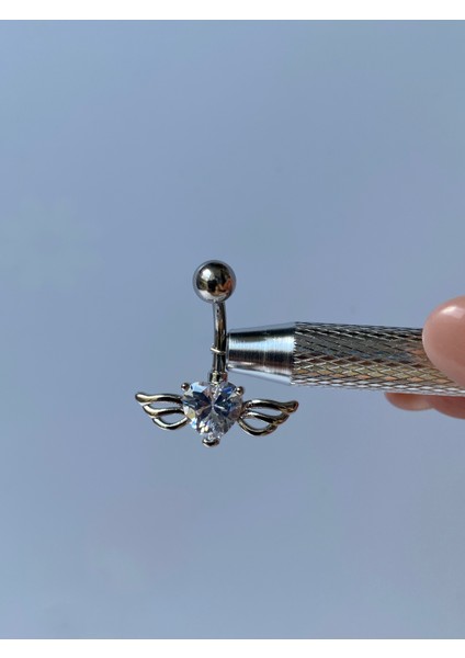 Çelik Göbek Piercing Melek Kanatlı Zirkon Taşlı Kalpli Model