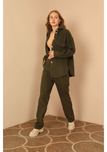 Kaşe Kumaş Uzun Boy Klasik Kadın Haki Pantolon