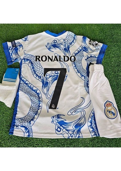 Özel Tasarım R./madrid Ronaldo Cr/7 Dragon Desenli Özel Çocuk Forması 3 Lü Set Beyaz-Mavi