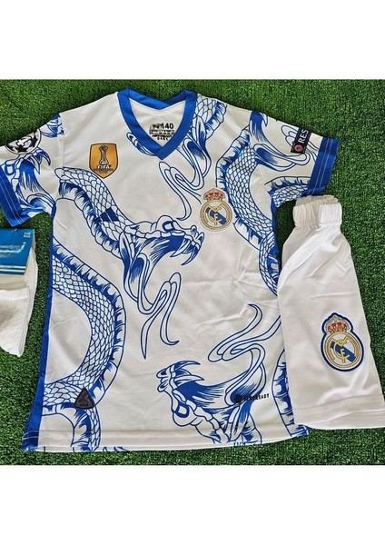 Özel Tasarım R./madrid Ronaldo Cr/7 Dragon Desenli Özel Çocuk Forması 3 Lü Set Beyaz-Mavi modelleri