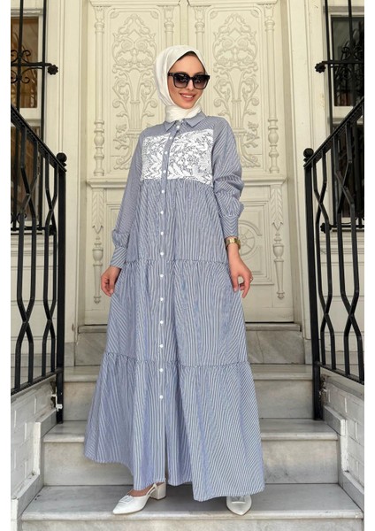 Nurcan Çetin Çizgili Elbise 25130A Lacivert