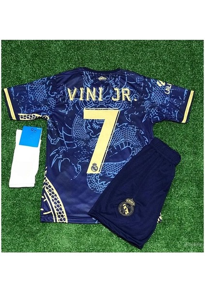 Vini Jr. Dragon Temalı Özel Tasarım Çocuk Forması (Forma Şort Çorap) Blue