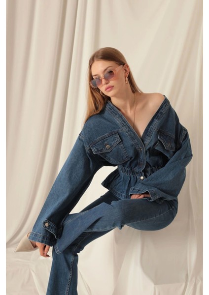 Denim Kumaş Beli Lastikli Kadın Mavi Kot Ceket