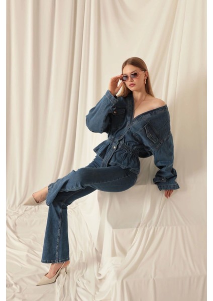 Denim Kumaş Beli Lastikli Kadın Mavi Kot Ceket
