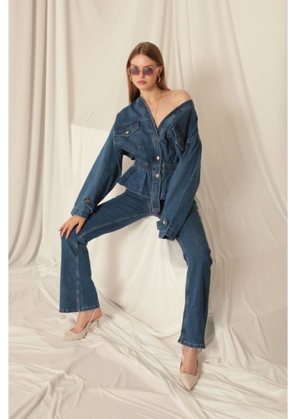 Denim Kumaş Beli Lastikli Kadın Mavi Kot Ceket