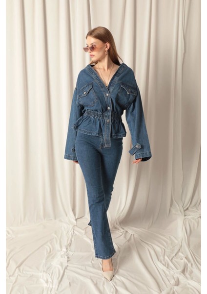 Denim Kumaş Beli Lastikli Kadın Mavi Kot Ceket