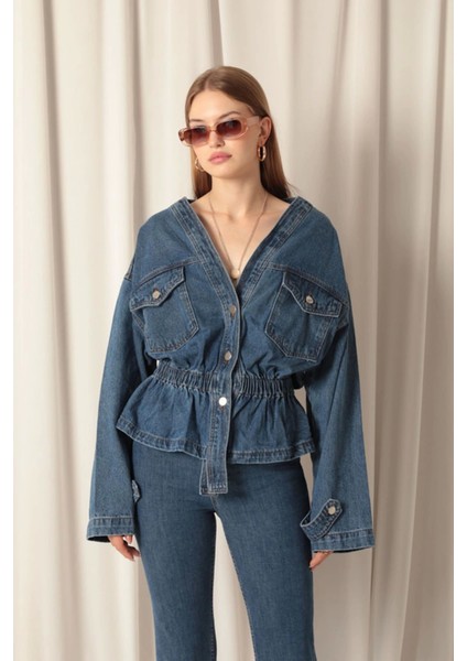 Denim Kumaş Beli Lastikli Kadın Mavi Kot Ceket